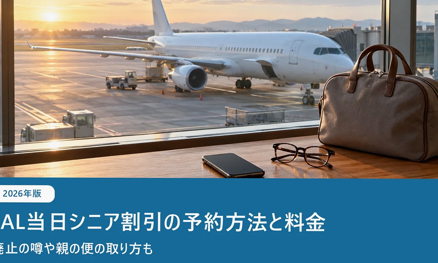 朝の空港の窓から見える旅客機と、カウンターに置いたスマートフォン・老眼鏡